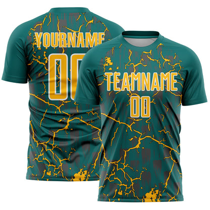 Custom Teal Gold-White Lightning Sublimation Soccer Uniform Jersey - Sky-Custom