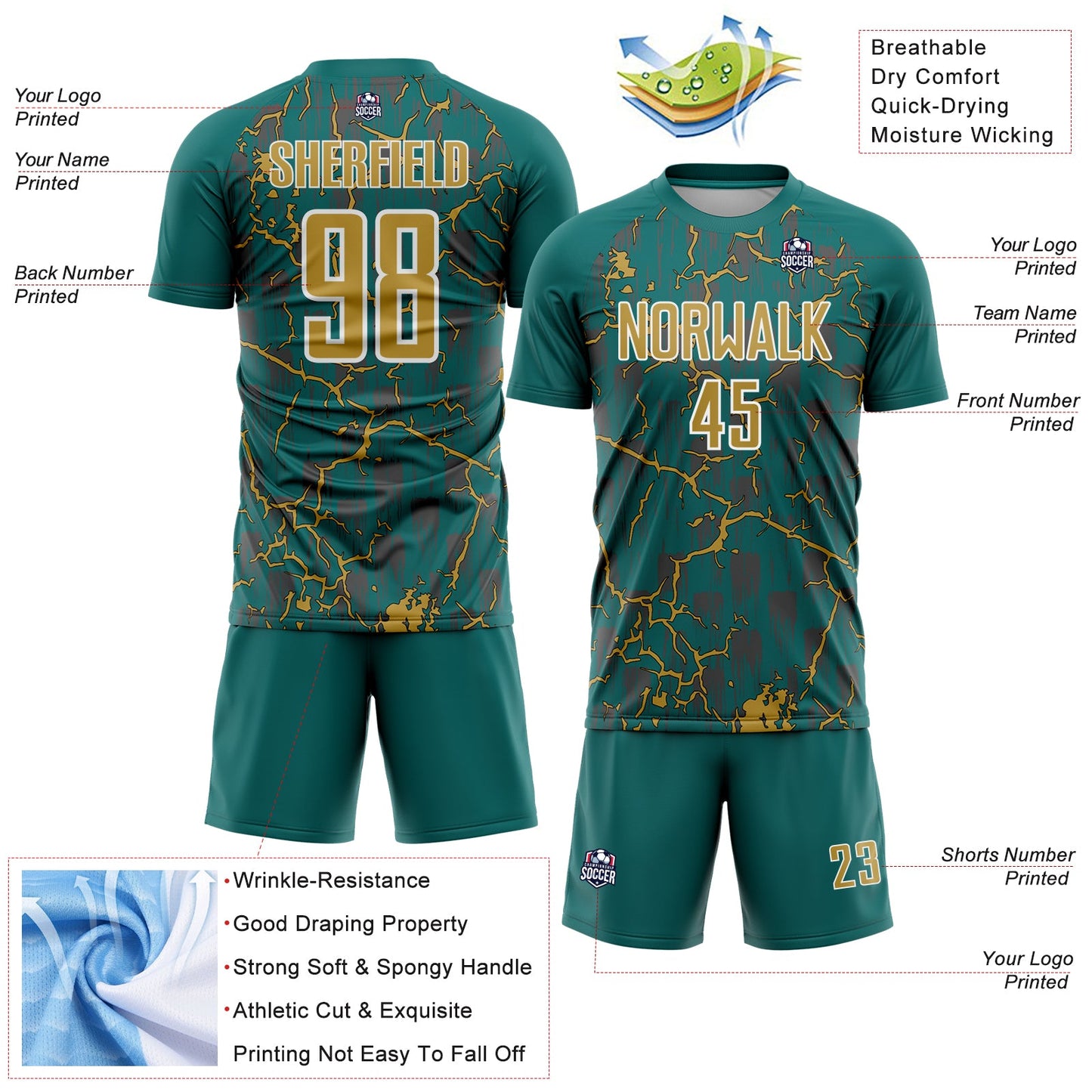 Custom Teal Old Gold-White Lightning Sublimation Soccer Uniform Jersey - Sky-Custom