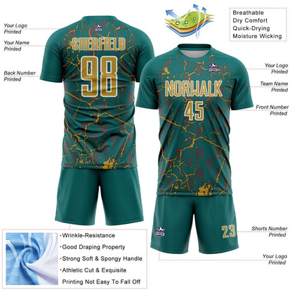Custom Teal Old Gold-White Lightning Sublimation Soccer Uniform Jersey - Sky-Custom