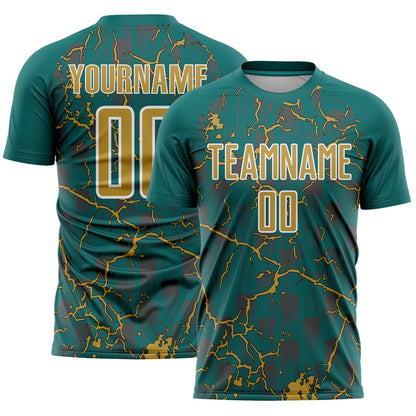 Custom Teal Old Gold-White Lightning Sublimation Soccer Uniform Jersey - Sky-Custom