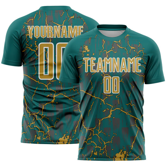 Custom Teal Old Gold-White Lightning Sublimation Soccer Uniform Jersey - Sky-Custom