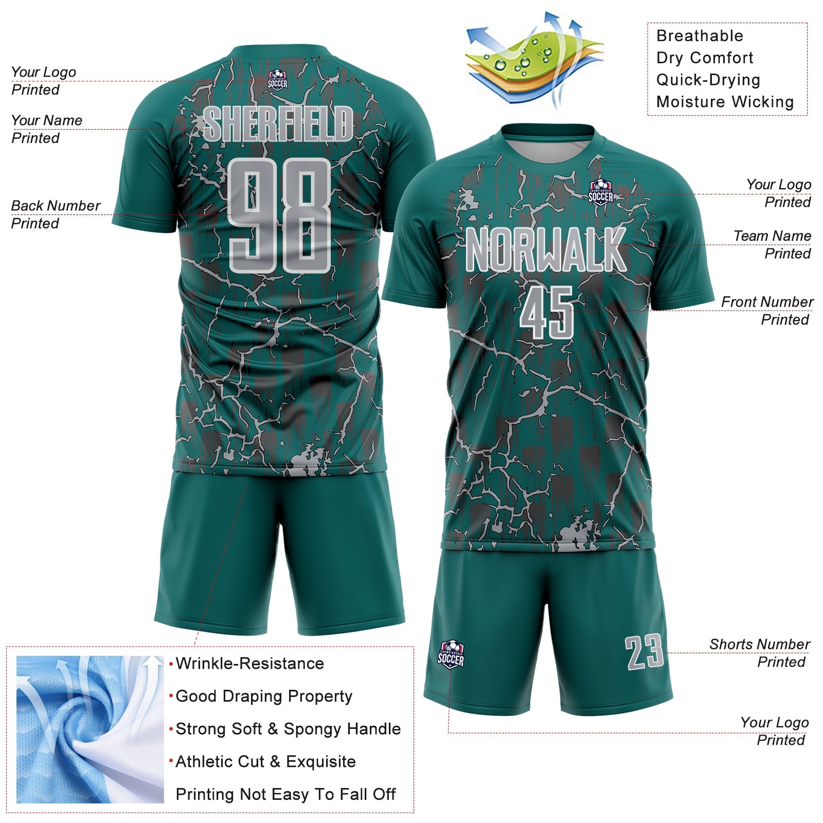 Custom Teal Gray-White Lightning Sublimation Soccer Uniform Jersey - Sky-Custom