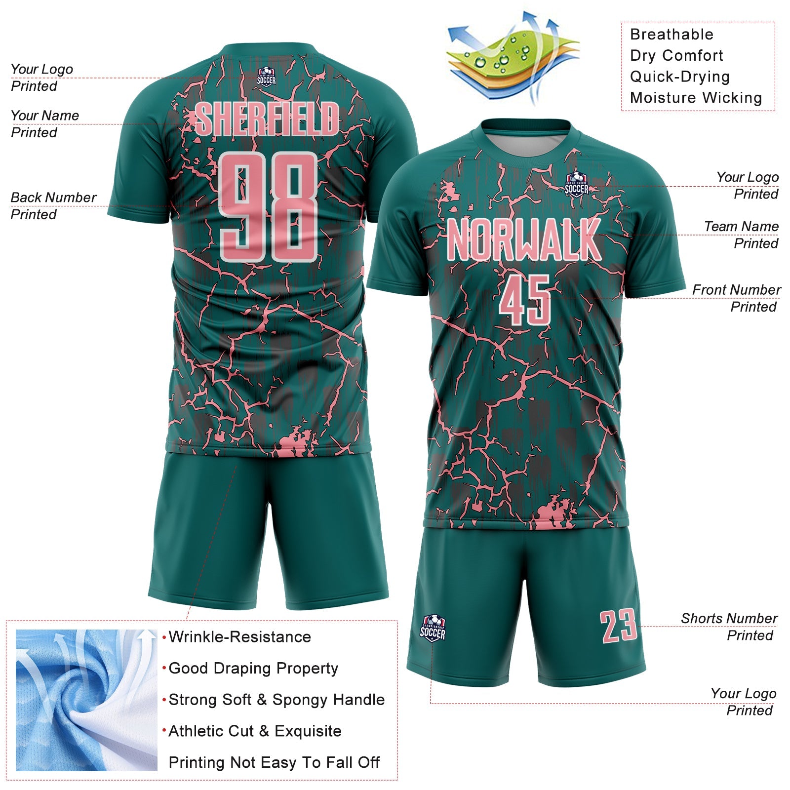 Custom Teal Medium Pink-White Lightning Sublimation Soccer Uniform Jersey - Sky-Custom