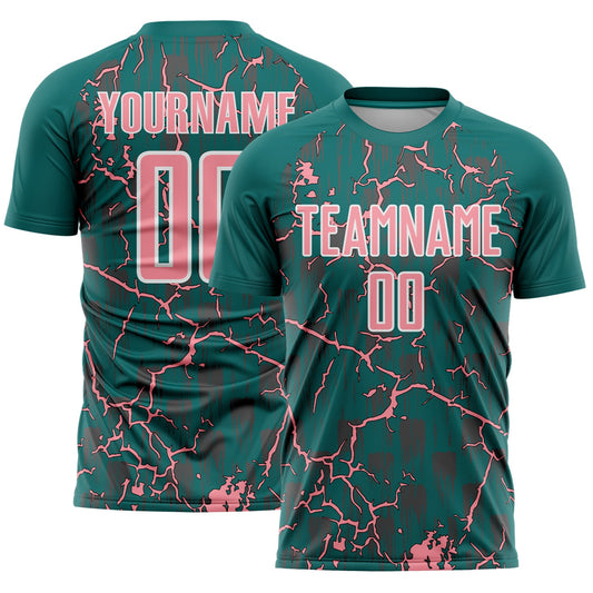 Custom Teal Medium Pink-White Lightning Sublimation Soccer Uniform Jersey - Sky-Custom