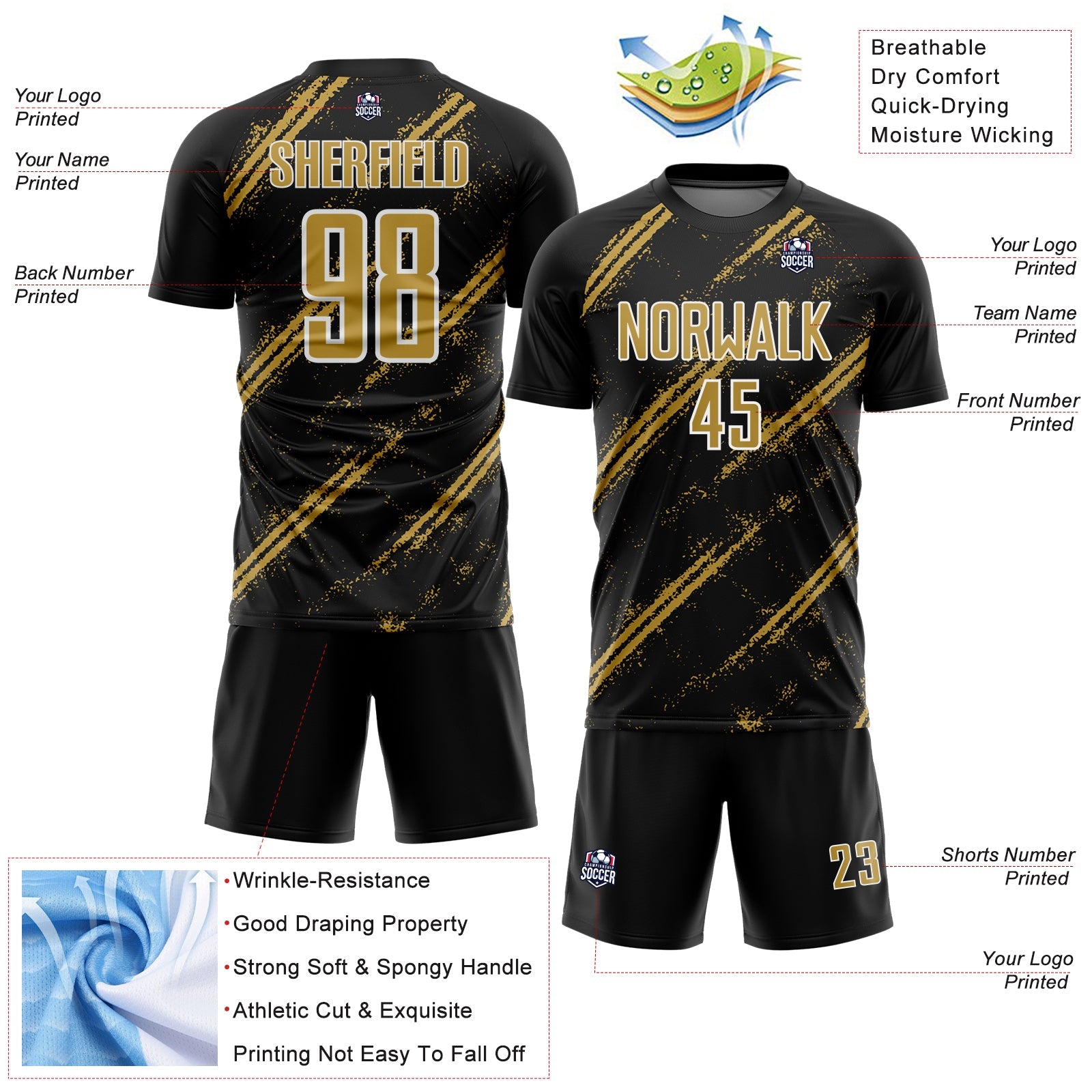 Custom Black Old Gold-White Abstract Fragment Art Splash Sublimation Soccer Uniform Jersey - Sky-Custom