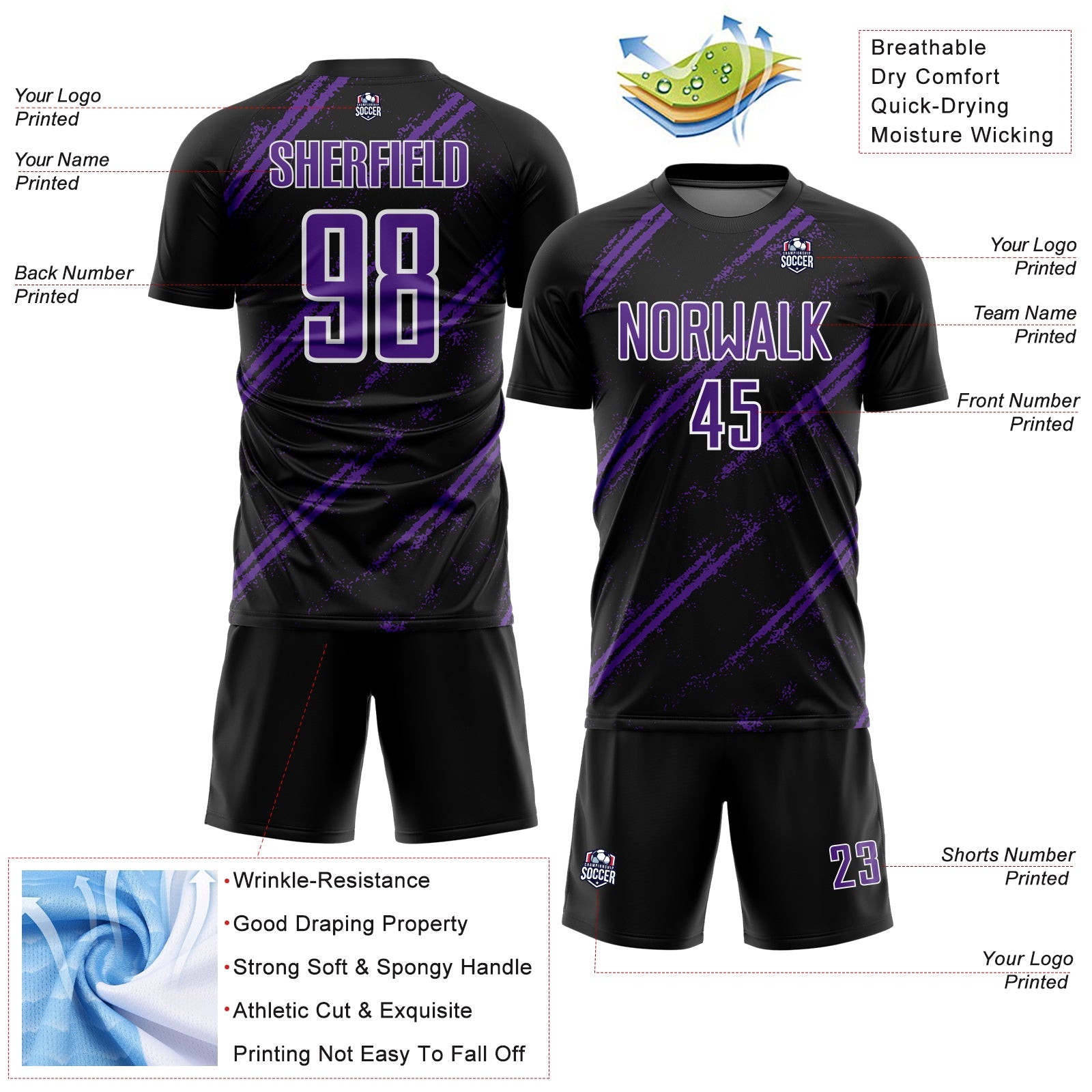 Custom Black Purple-White Abstract Fragment Art Splash Sublimation Soccer Uniform Jersey - Sky-Custom