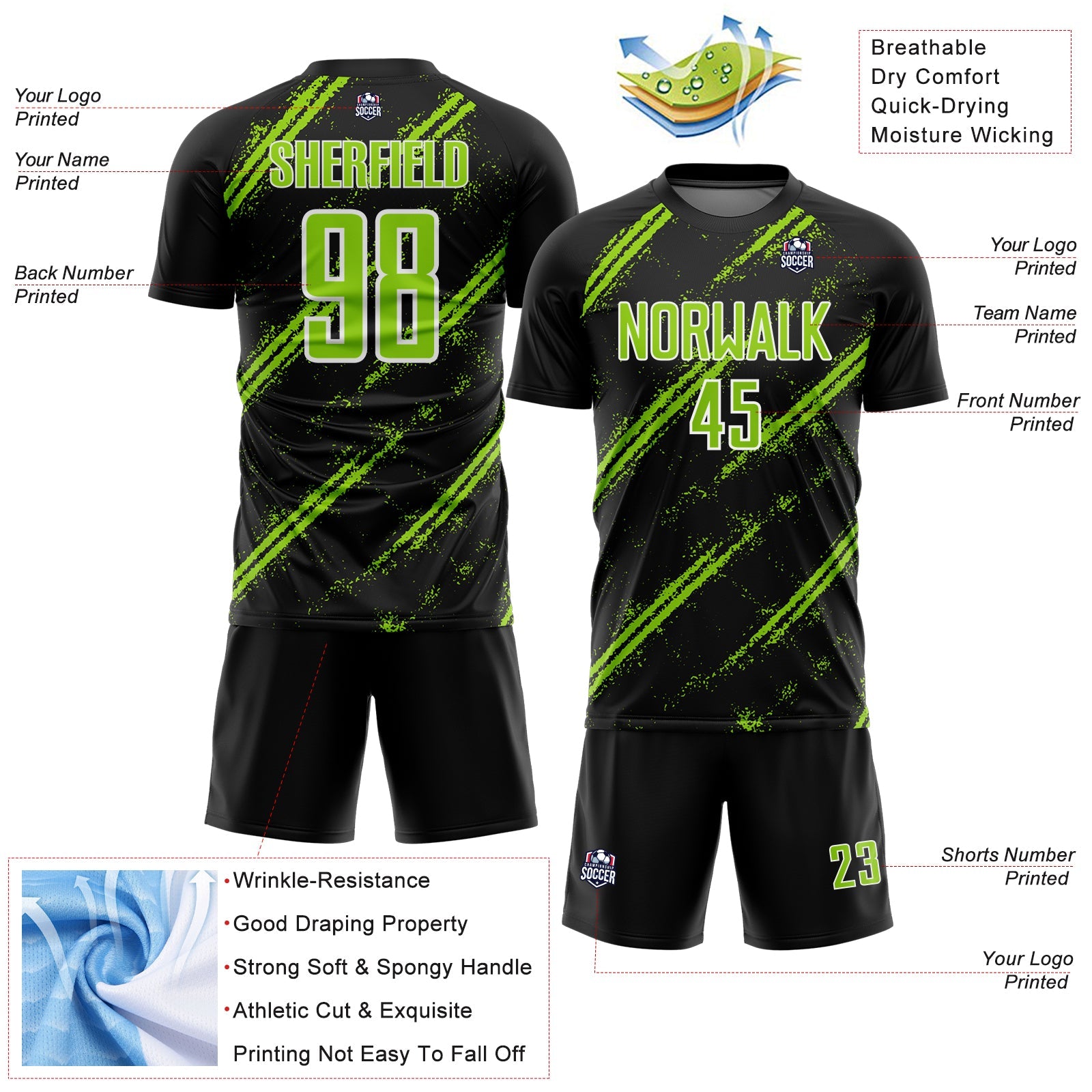 Custom Black Neon Green-White Abstract Fragment Art Splash Sublimation Soccer Uniform Jersey - Sky-Custom
