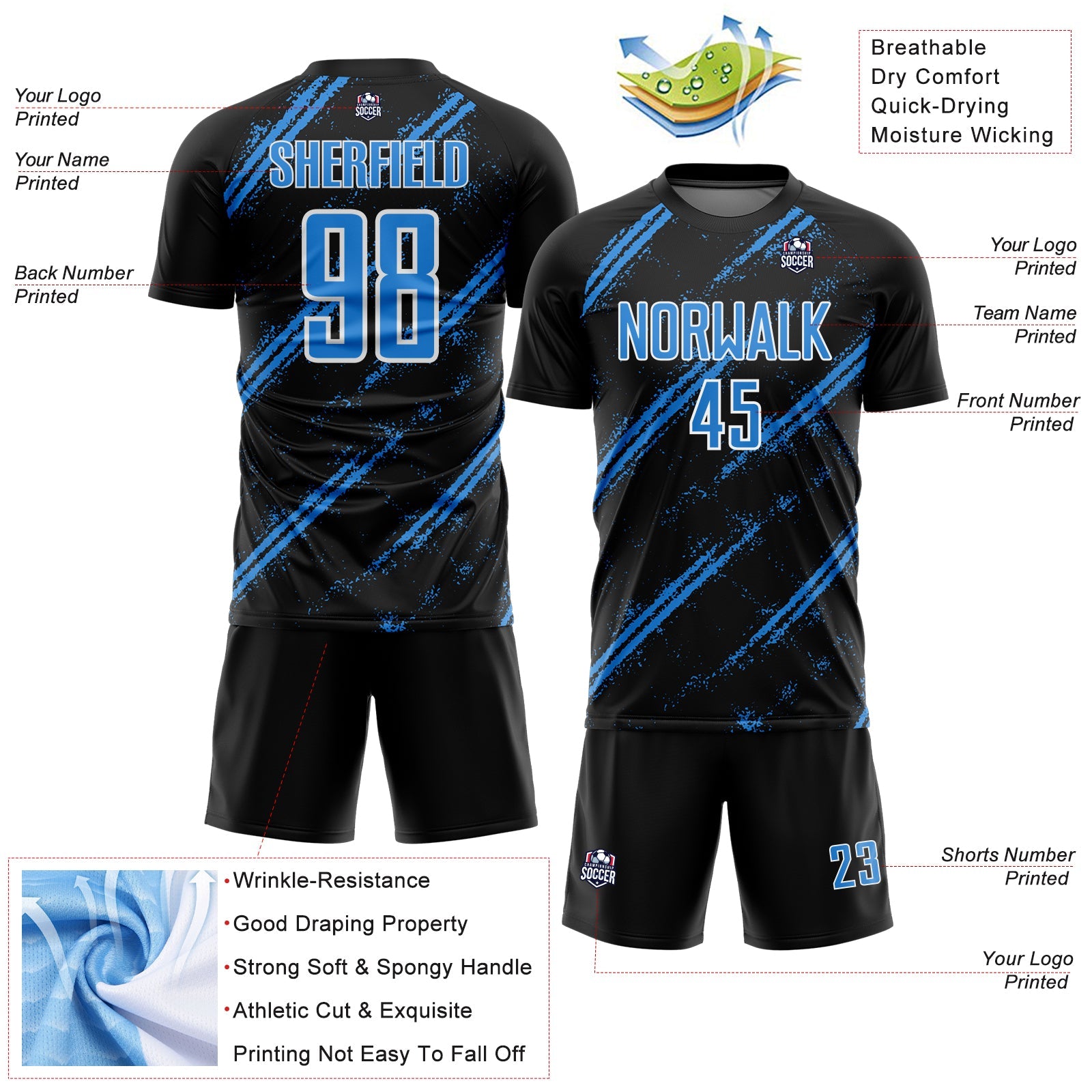 Custom Black Powder Blue-White Abstract Fragment Art Splash Sublimation Soccer Uniform Jersey - Sky-Custom