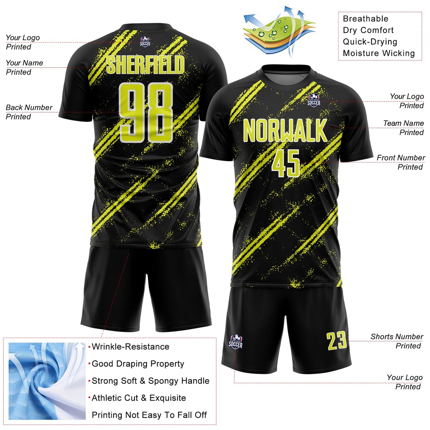 Custom Black Neon Yellow-White Abstract Fragment Art Splash Sublimation Soccer Uniform Jersey - Sky-Custom