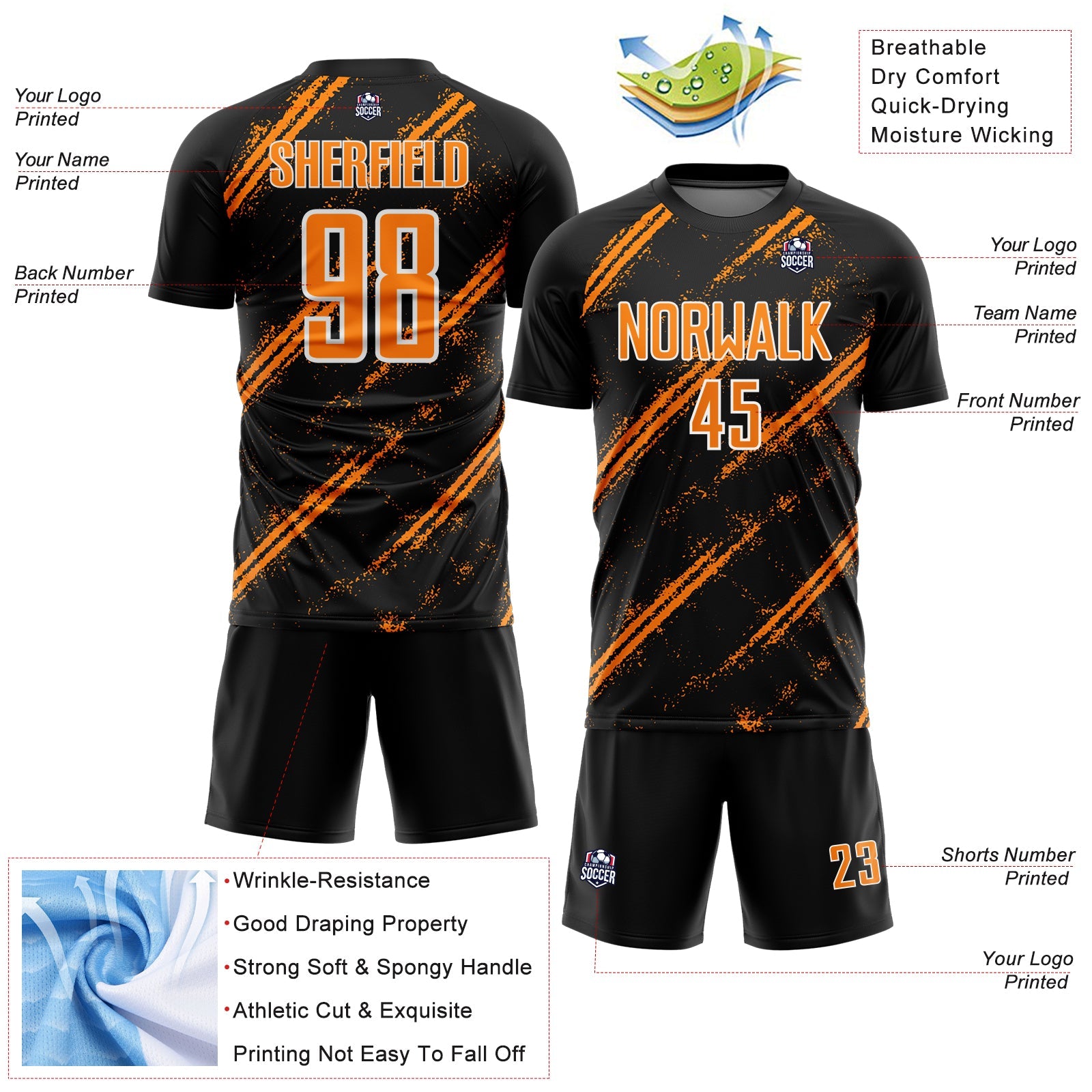 Custom Black Bay Orange-White Abstract Fragment Art Splash Sublimation Soccer Uniform Jersey - Sky-Custom
