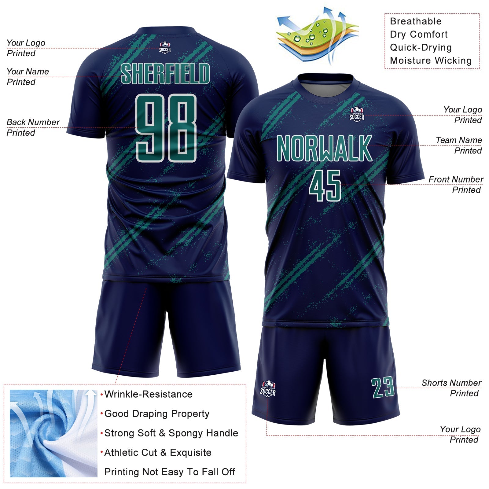 Custom Navy Teal-White Abstract Fragment Art Splash Sublimation Soccer Uniform Jersey - Sky-Custom
