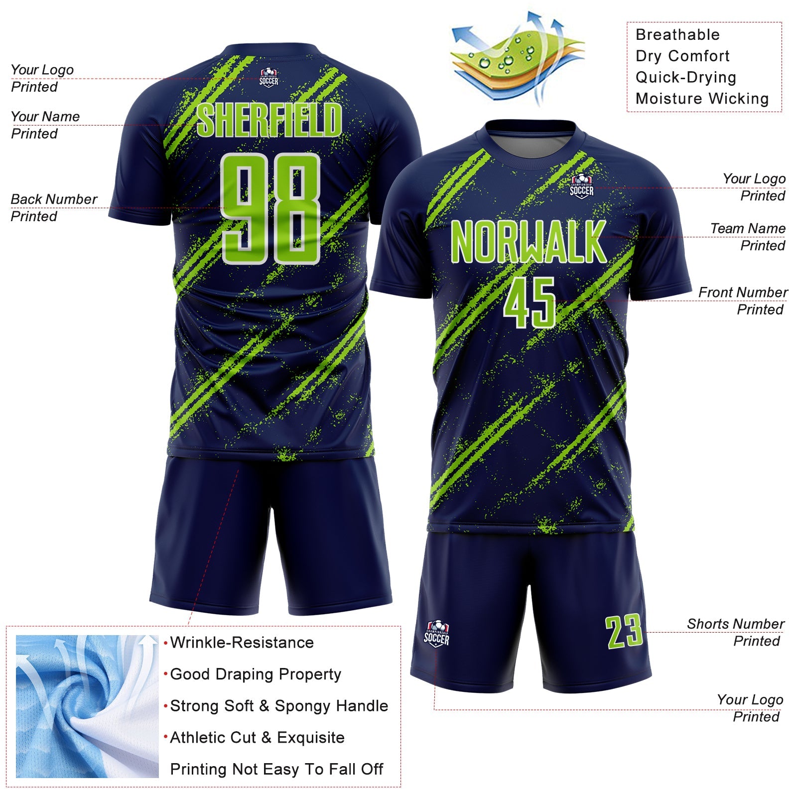 Custom Navy Neon Green-White Abstract Fragment Art Splash Sublimation Soccer Uniform Jersey - Sky-Custom