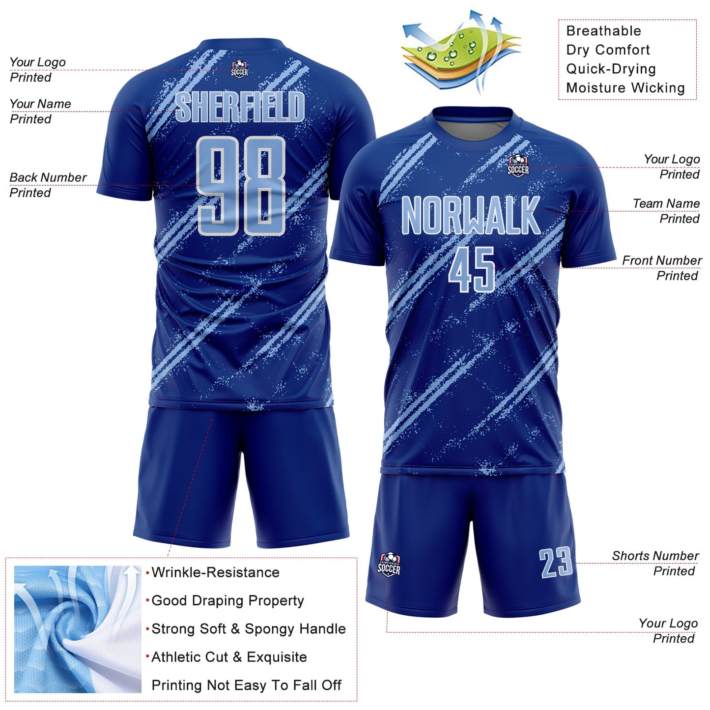 Custom Royal Light Blue-White Abstract Fragment Art Splash Sublimation Soccer Uniform Jersey - Sky-Custom