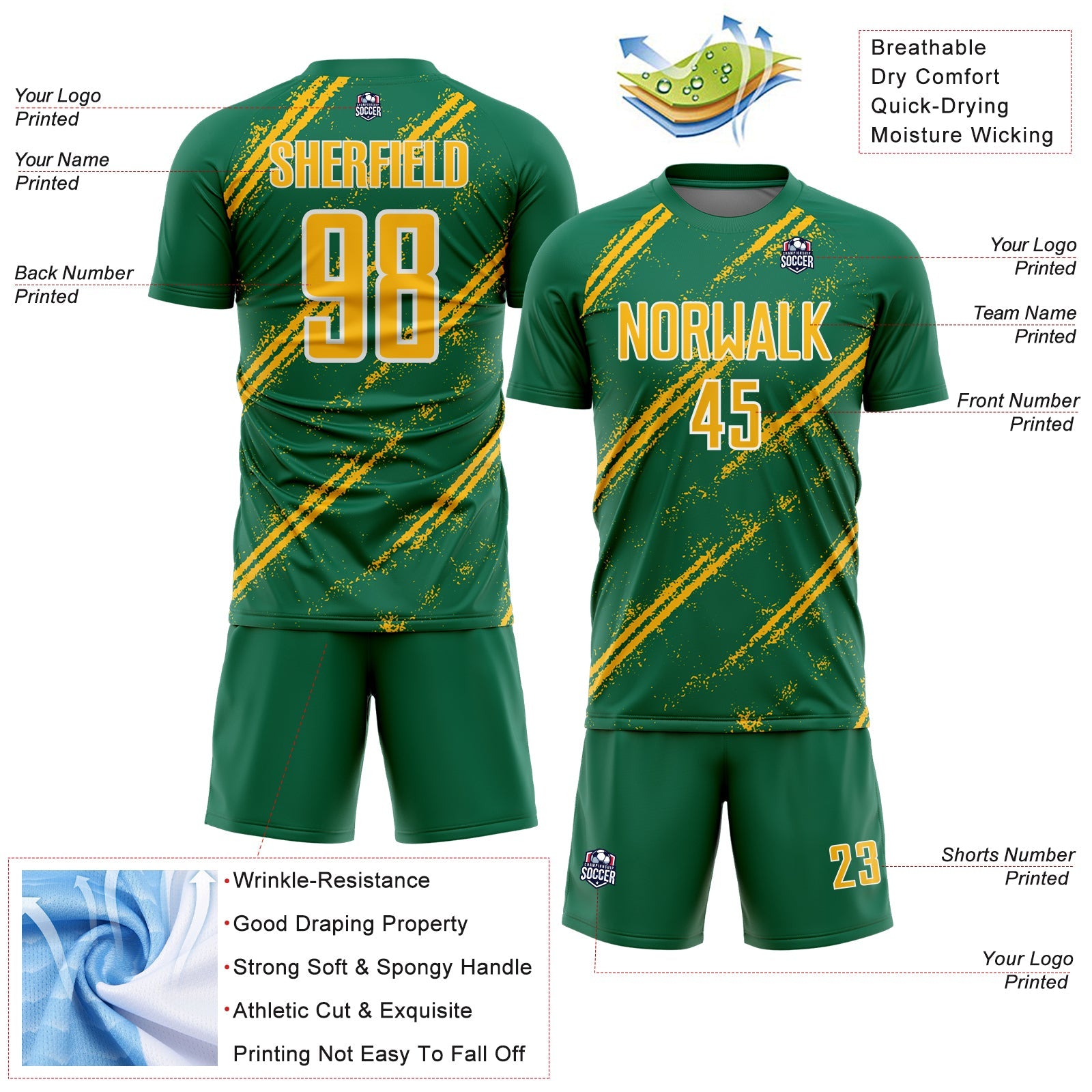 Custom Kelly Green Gold-White Abstract Fragment Art Splash Sublimation Soccer Uniform Jersey - Sky-Custom