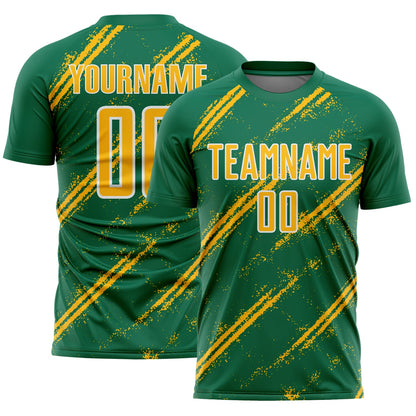 Custom Kelly Green Gold-White Abstract Fragment Art Splash Sublimation Soccer Uniform Jersey - Sky-Custom