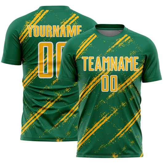 Custom Kelly Green Gold-White Abstract Fragment Art Splash Sublimation Soccer Uniform Jersey - Sky-Custom