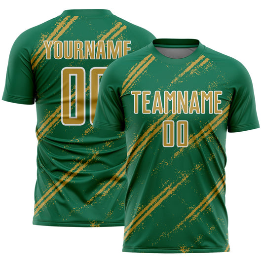 Custom Kelly Green Old Gold-White Abstract Fragment Art Splash Sublimation Soccer Uniform Jersey - Sky-Custom