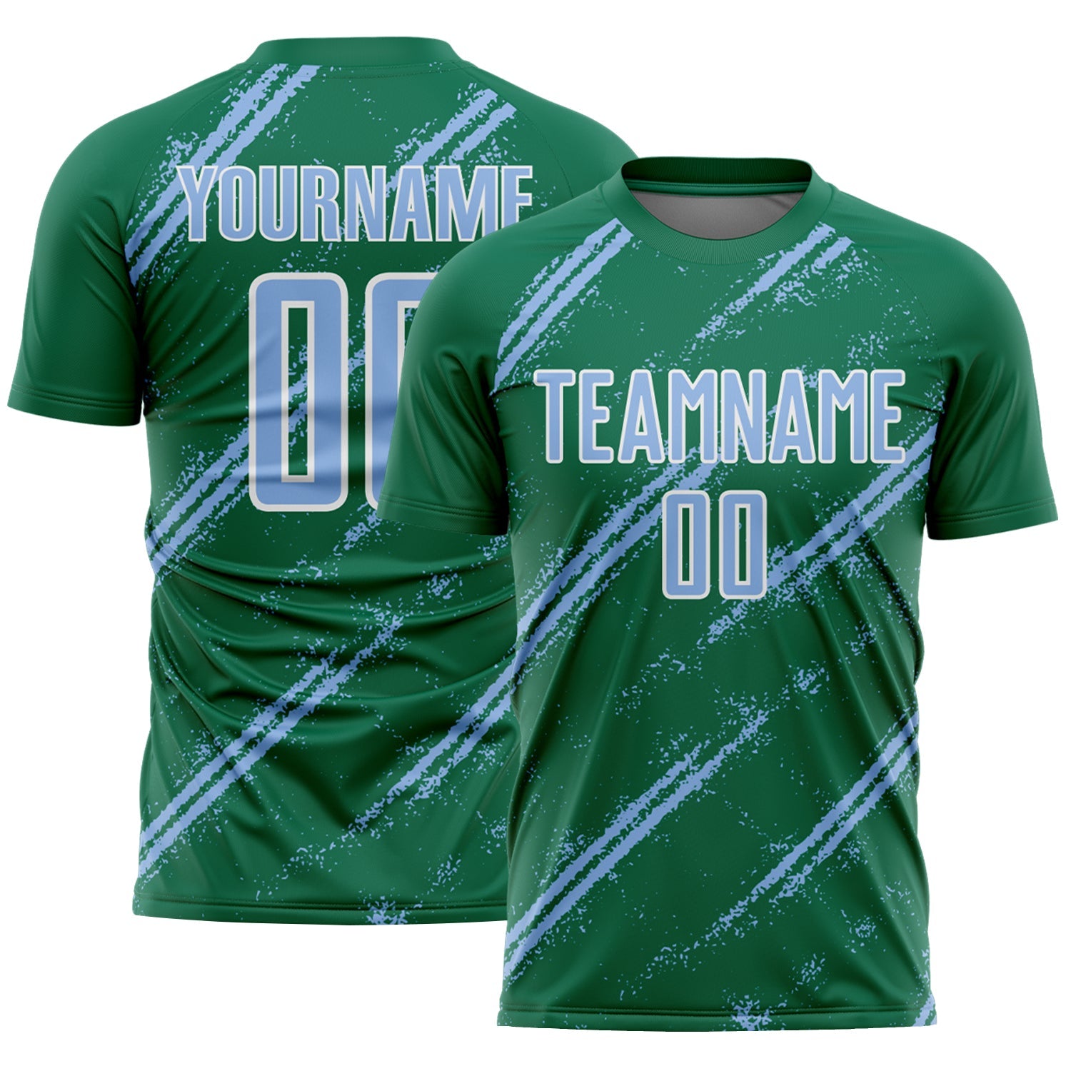 Custom Kelly Green Light Blue-White Abstract Fragment Art Splash Sublimation Soccer Uniform Jersey - Sky-Custom