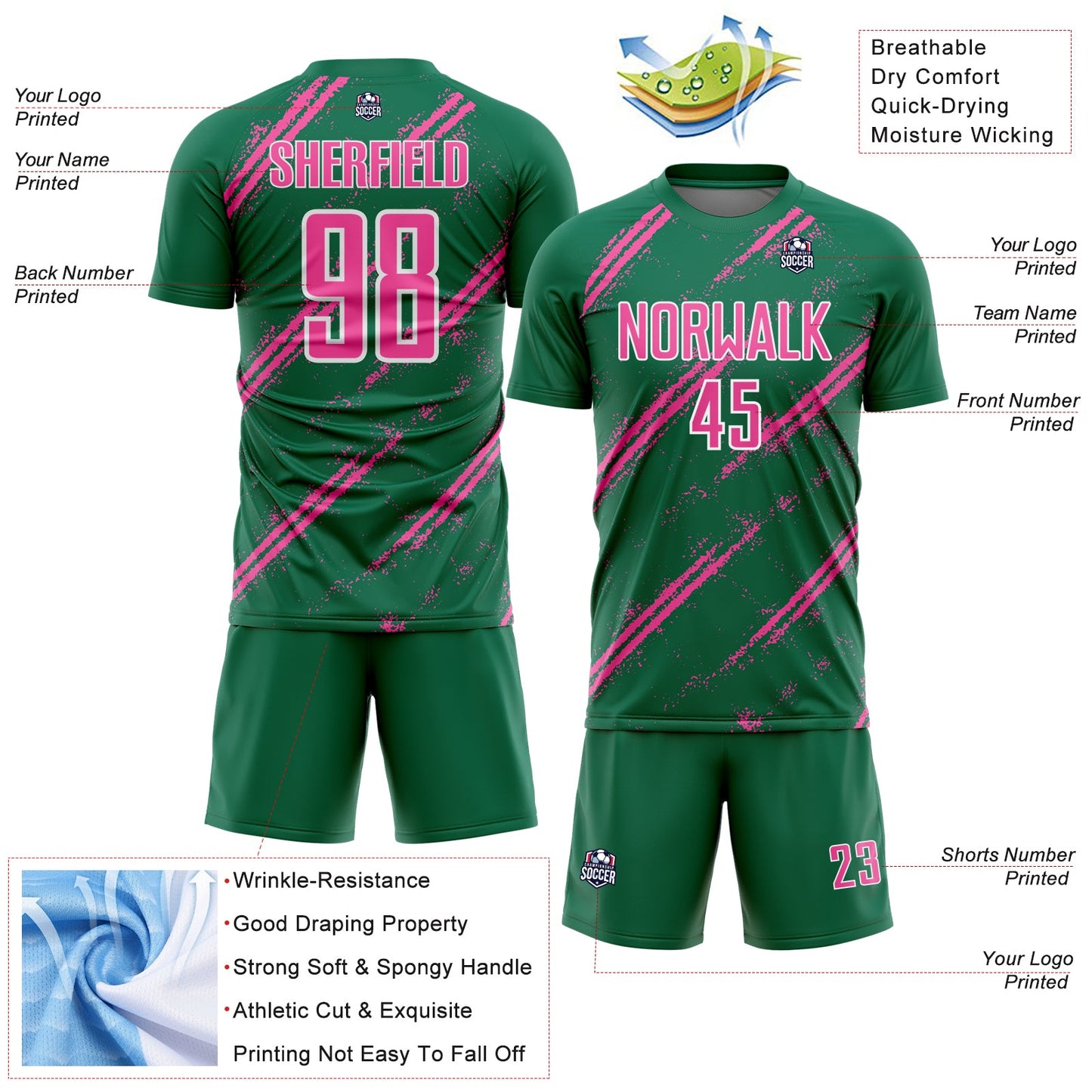 Custom Kelly Green Pink-White Abstract Fragment Art Splash Sublimation Soccer Uniform Jersey - Sky-Custom