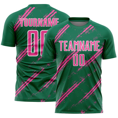 Custom Kelly Green Pink-White Abstract Fragment Art Splash Sublimation Soccer Uniform Jersey - Sky-Custom