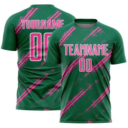 Custom Kelly Green Pink-White Abstract Fragment Art Splash Sublimation Soccer Uniform Jersey - Sky-Custom