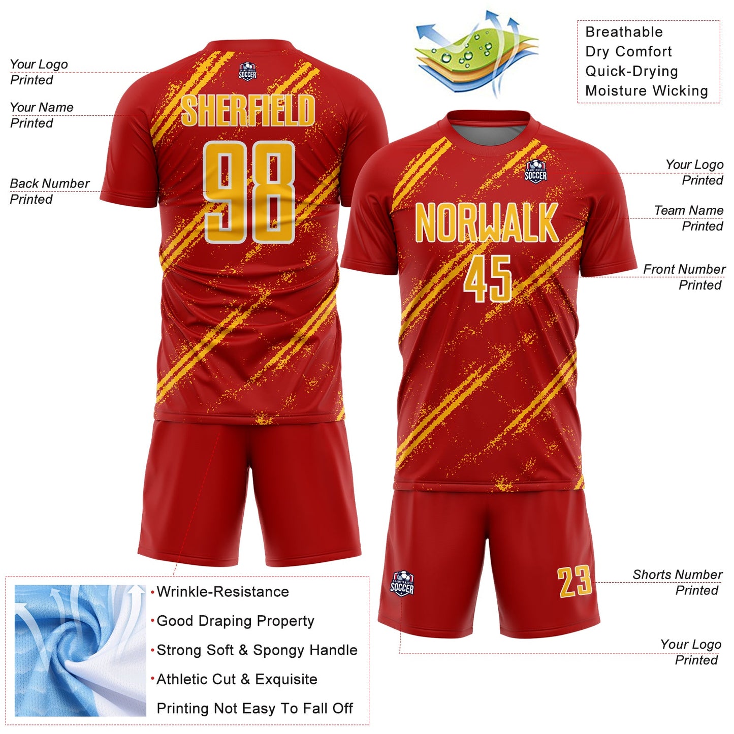 Custom Red Gold-White Abstract Fragment Art Splash Sublimation Soccer Uniform Jersey - Sky-Custom
