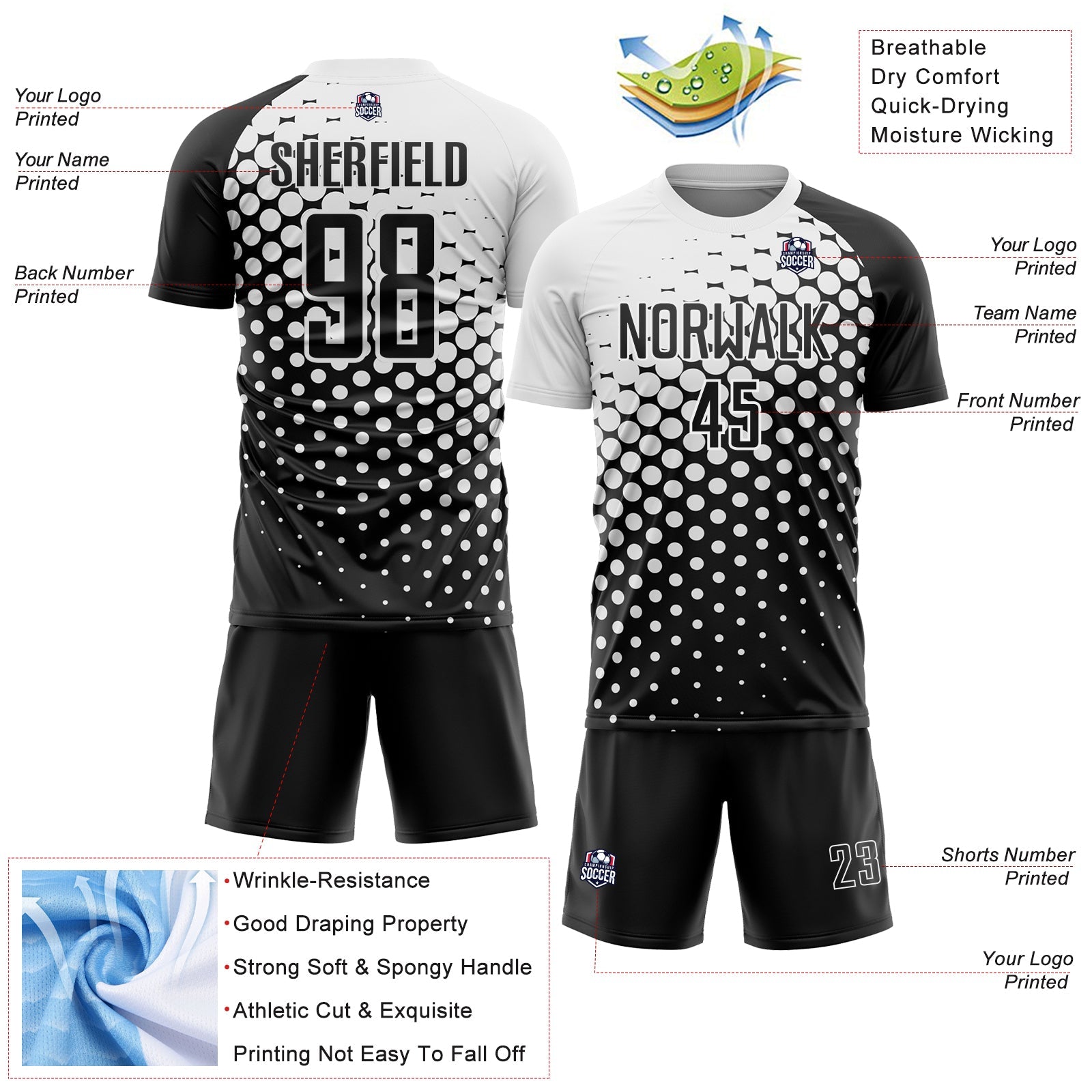 Custom Black White Modern Polka Dot Sublimation Soccer Uniform Jersey - Sky-Custom