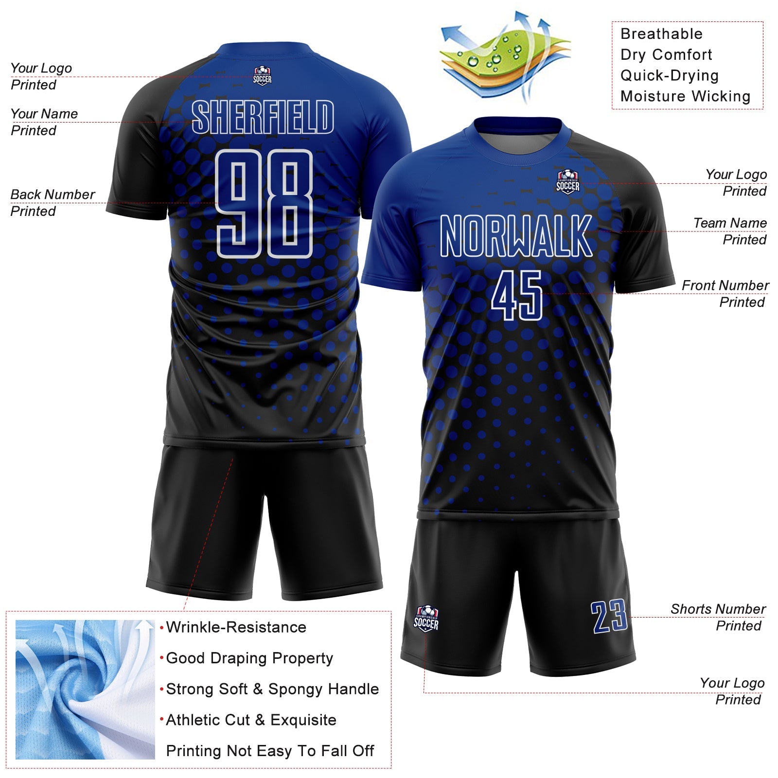 Custom Black Royal-White Modern Polka Dot Sublimation Soccer Uniform Jersey - Sky-Custom