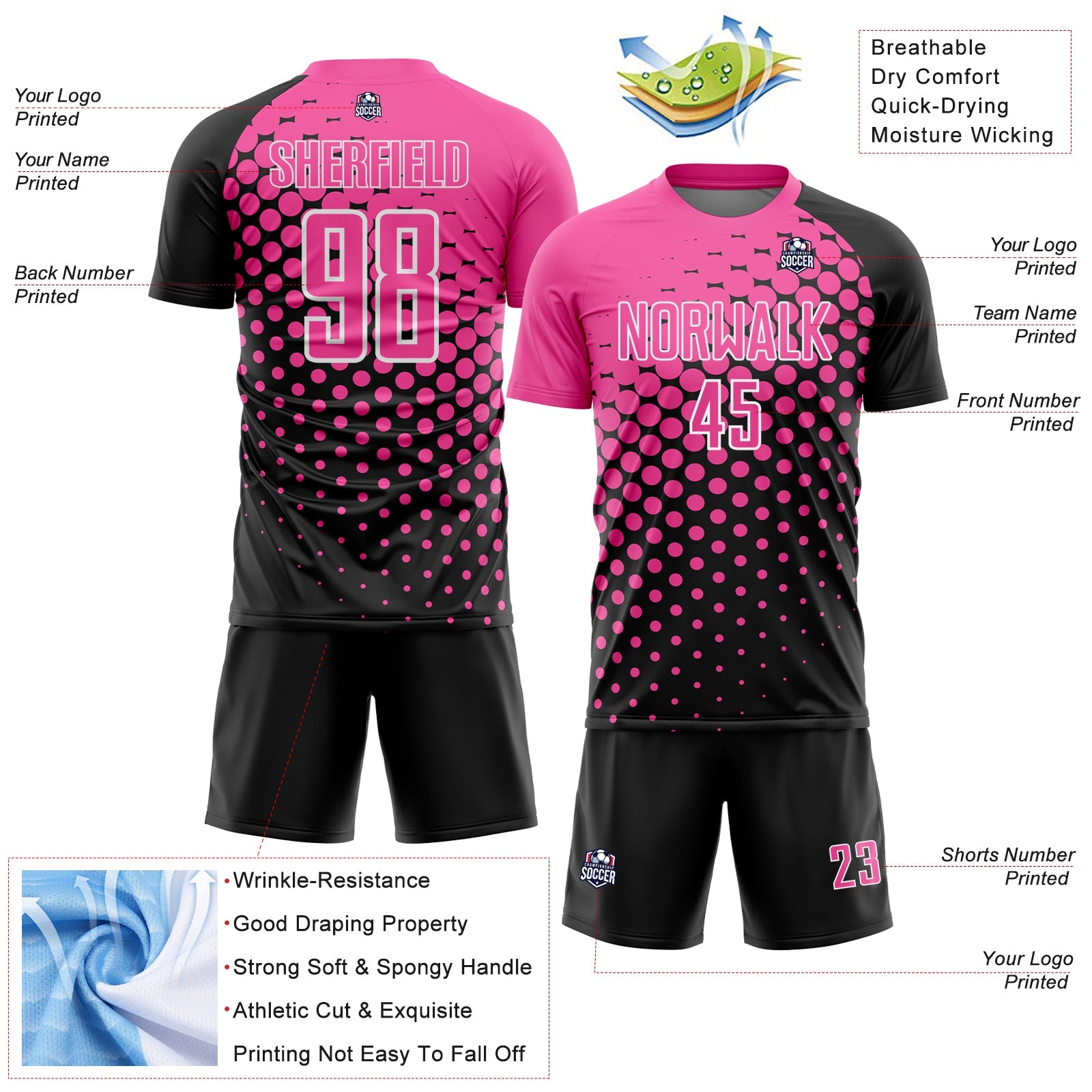 Custom Black Pink-White Modern Polka Dot Sublimation Soccer Uniform Jersey - Sky-Custom