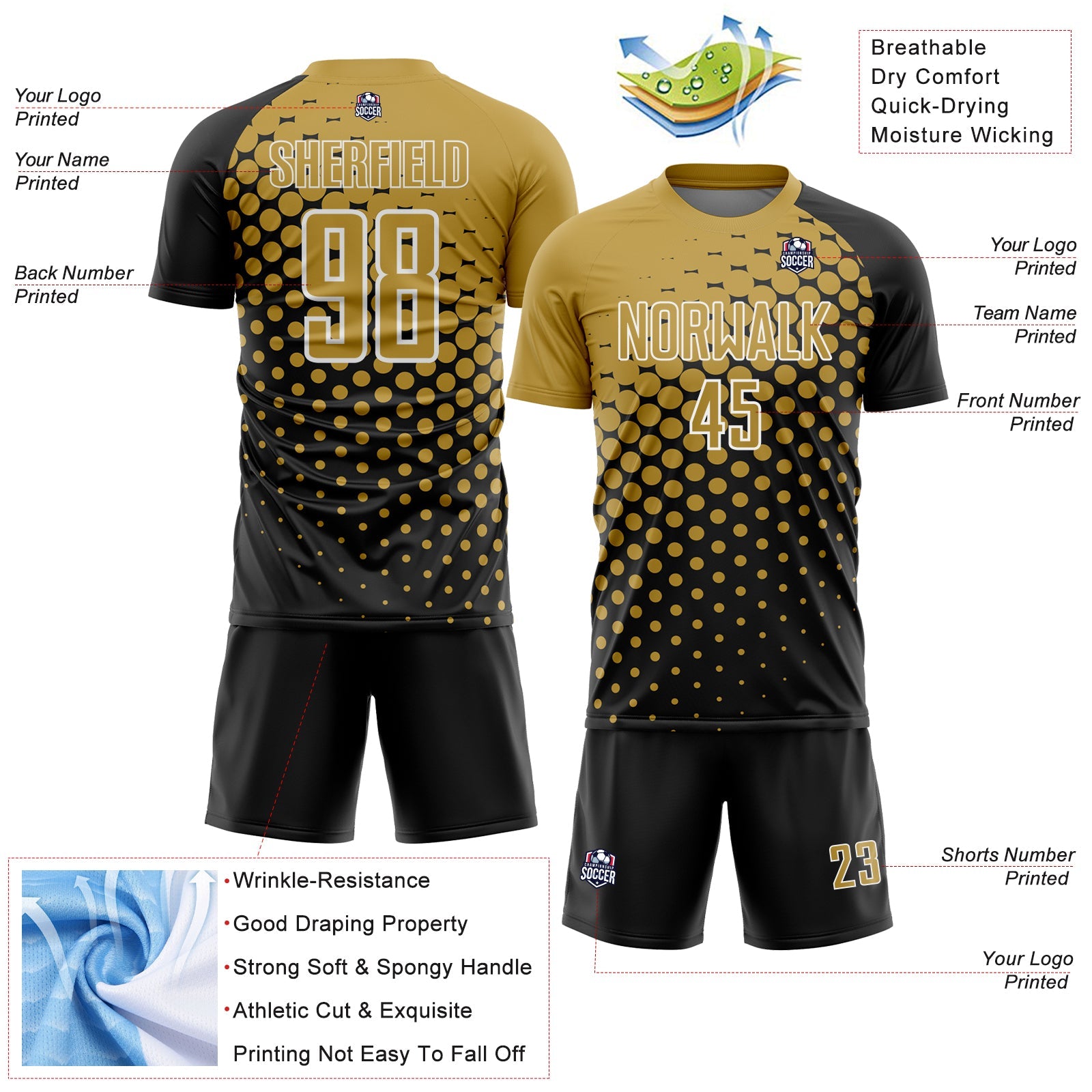 Custom Black Old Gold-White Modern Polka Dot Sublimation Soccer Uniform Jersey - Sky-Custom