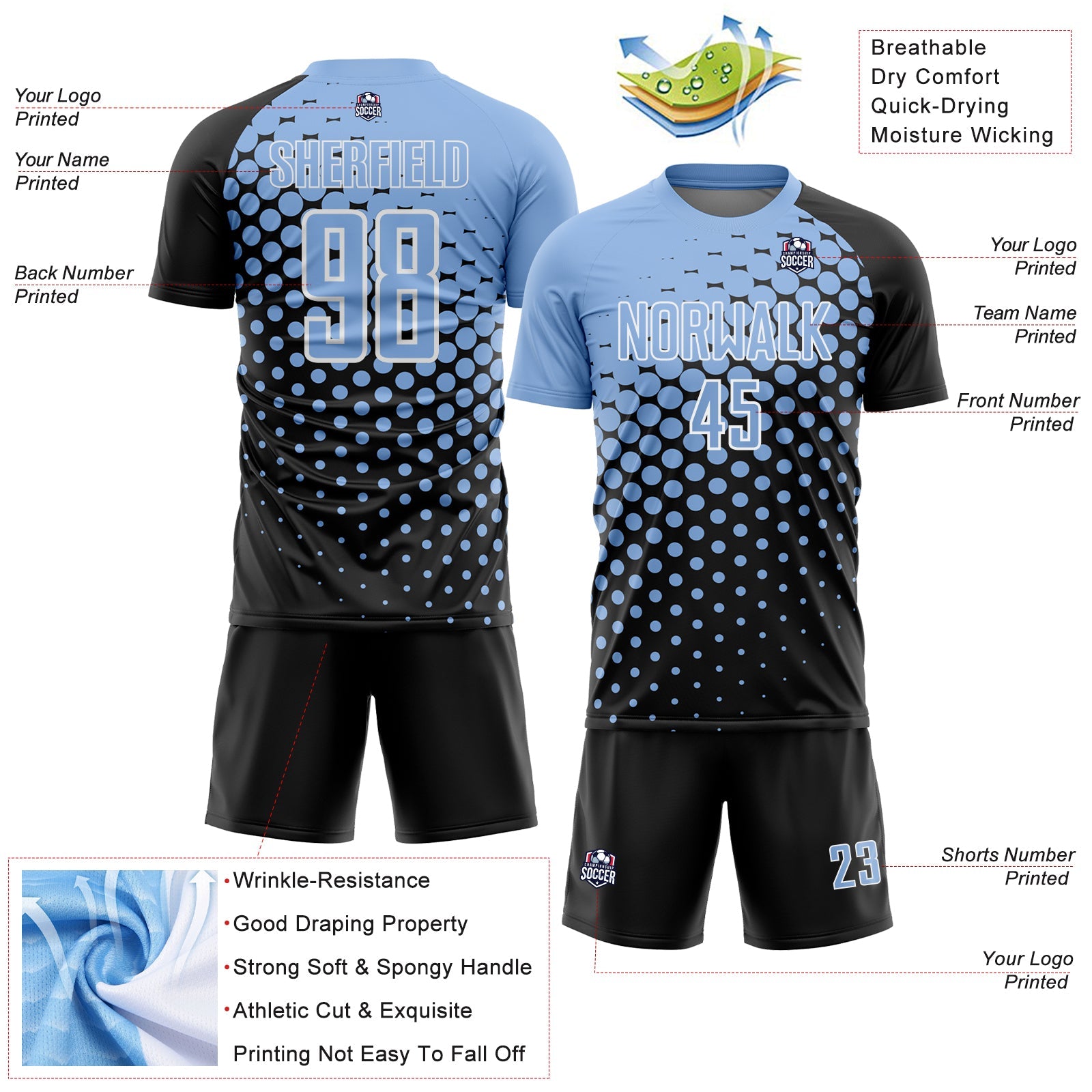 Custom Black Light Blue-White Modern Polka Dot Sublimation Soccer Uniform Jersey - Sky-Custom