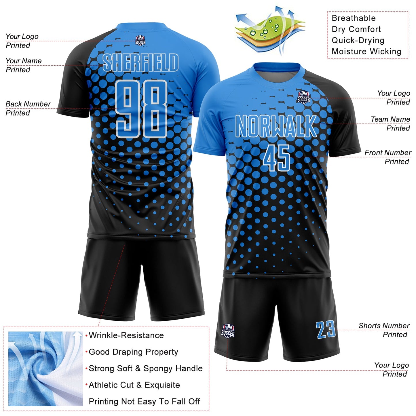 Custom Black Powder Blue-White Modern Polka Dot Sublimation Soccer Uniform Jersey - Sky-Custom