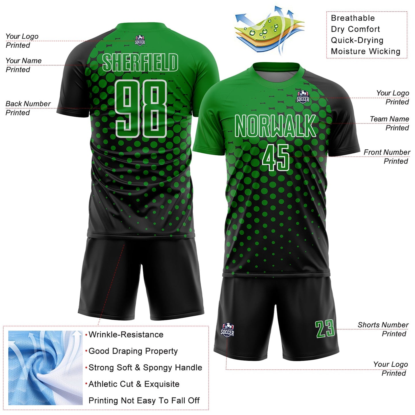 Custom Black Grass Green-White Modern Polka Dot Sublimation Soccer Uniform Jersey - Sky-Custom