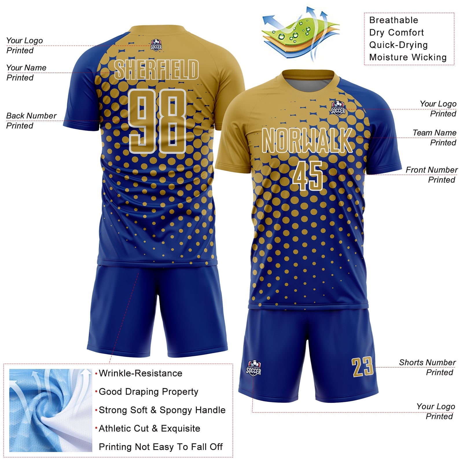 Custom Royal Old Gold-White Modern Polka Dot Sublimation Soccer Uniform Jersey - Sky-Custom
