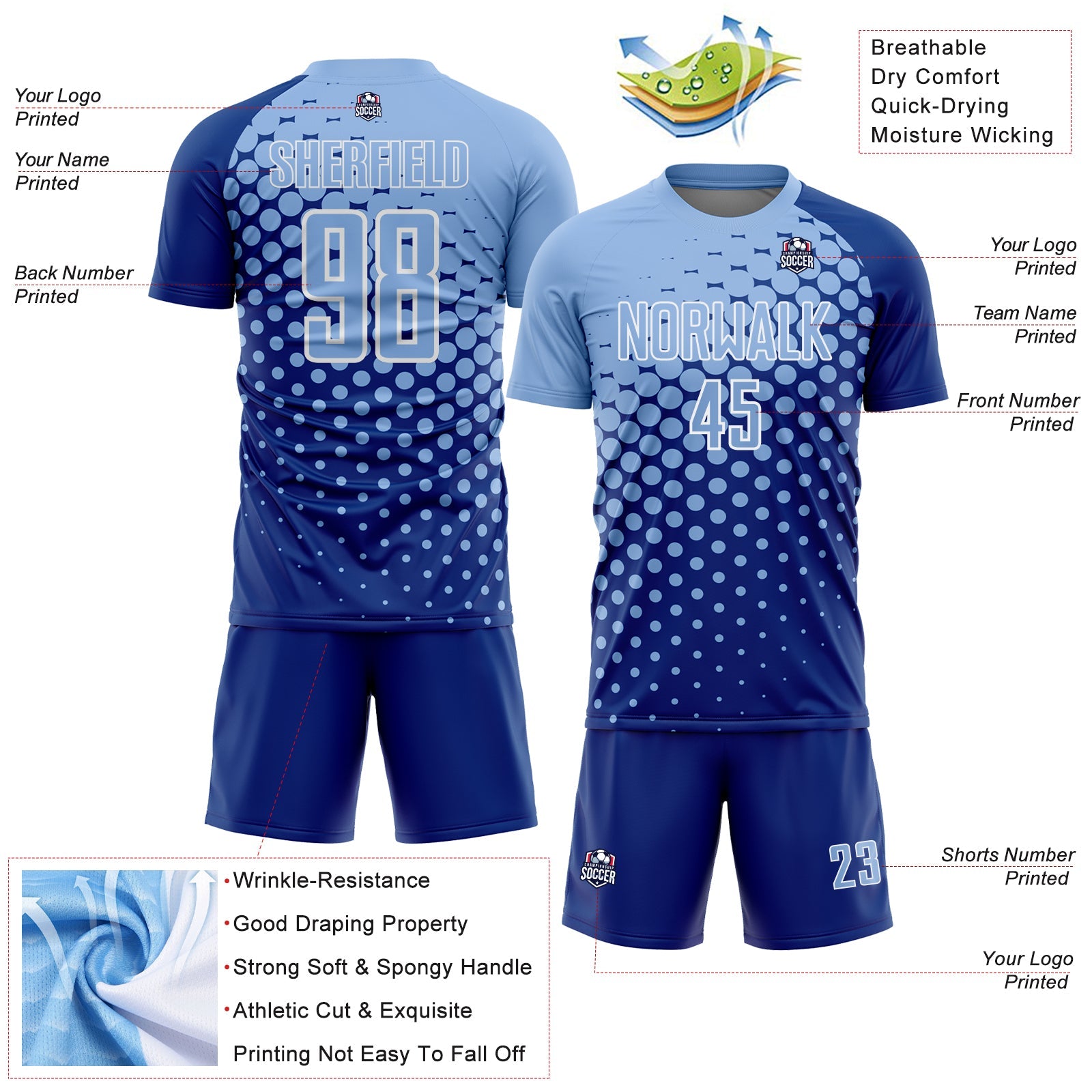 Custom Royal Light Blue-White Modern Polka Dot Sublimation Soccer Uniform Jersey - Sky-Custom