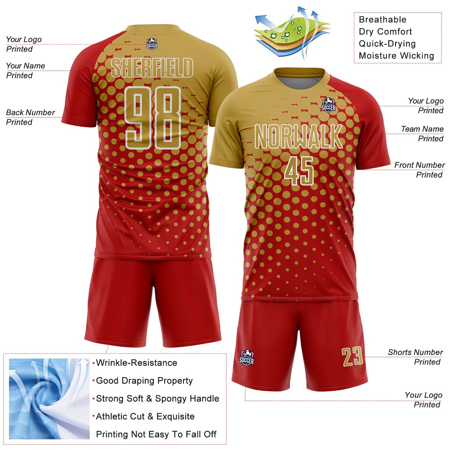 Custom Red Old Gold-White Modern Polka Dot Sublimation Soccer Uniform Jersey - Sky-Custom