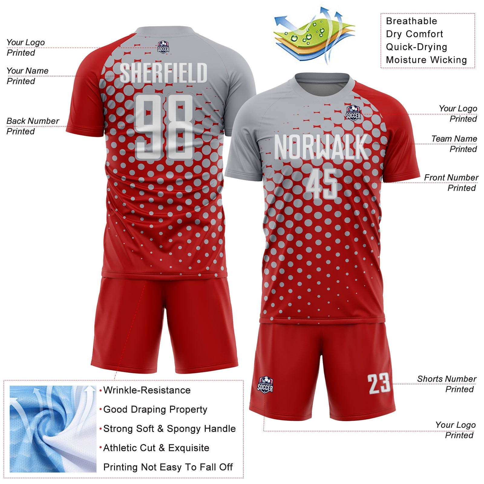 Custom Red White-Gray Modern Polka Dot Sublimation Soccer Uniform Jersey - Sky-Custom
