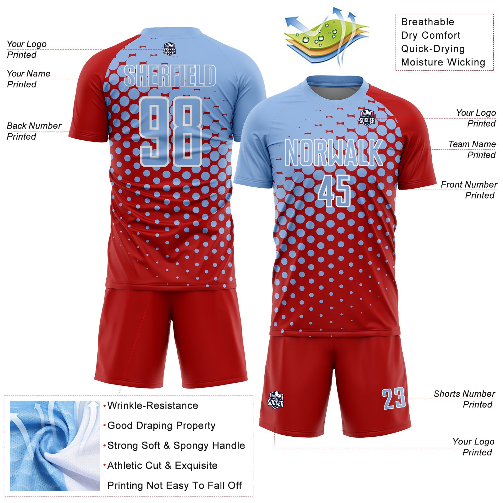 Custom Red Light Blue-White Modern Polka Dot Sublimation Soccer Uniform Jersey - Sky-Custom