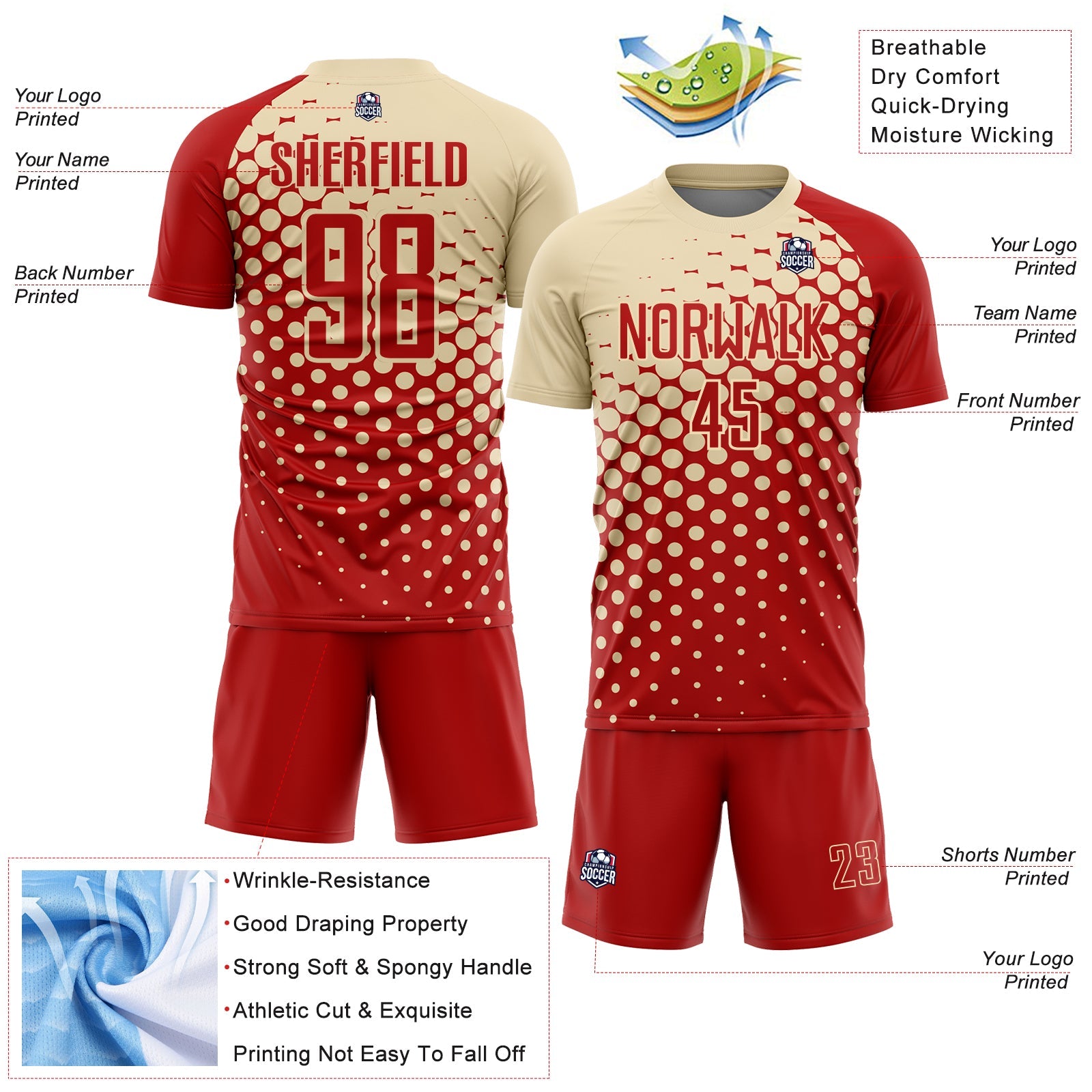 Custom Red Cream Modern Polka Dot Sublimation Soccer Uniform Jersey - Sky-Custom