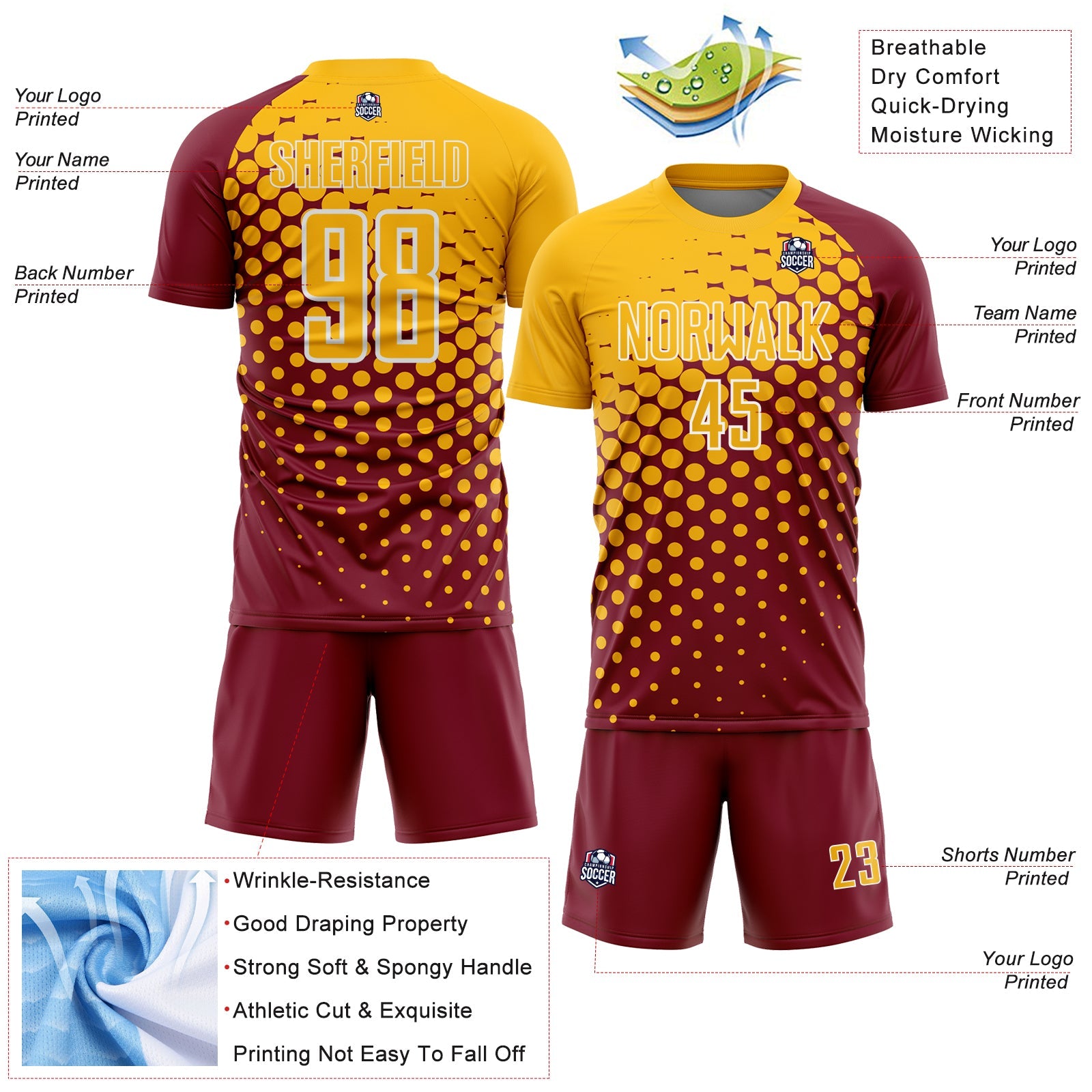 Custom Crimson Gold-White Modern Polka Dot Sublimation Soccer Uniform Jersey - Sky-Custom