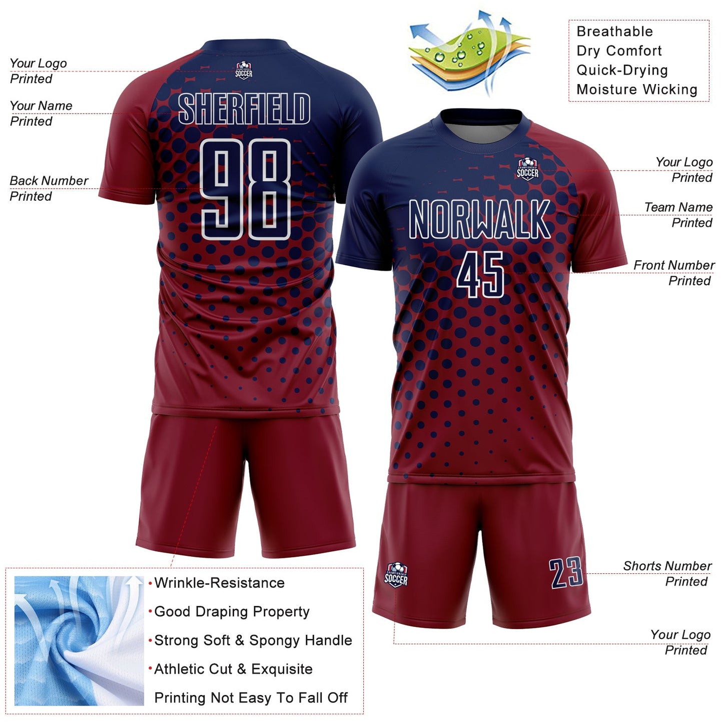 Custom Crimson Navy-White Modern Polka Dot Sublimation Soccer Uniform Jersey - Sky-Custom