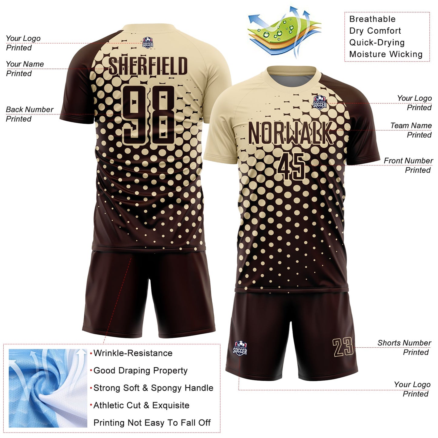 Custom Brown Cream Modern Polka Dot Sublimation Soccer Uniform Jersey - Sky-Custom