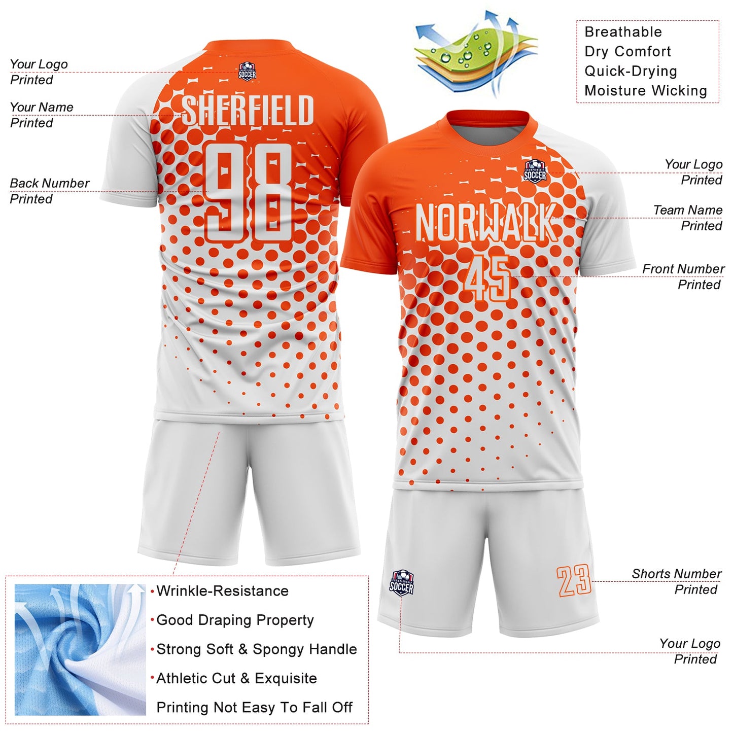 Custom White Orange Modern Polka Dot Sublimation Soccer Uniform Jersey - Sky-Custom