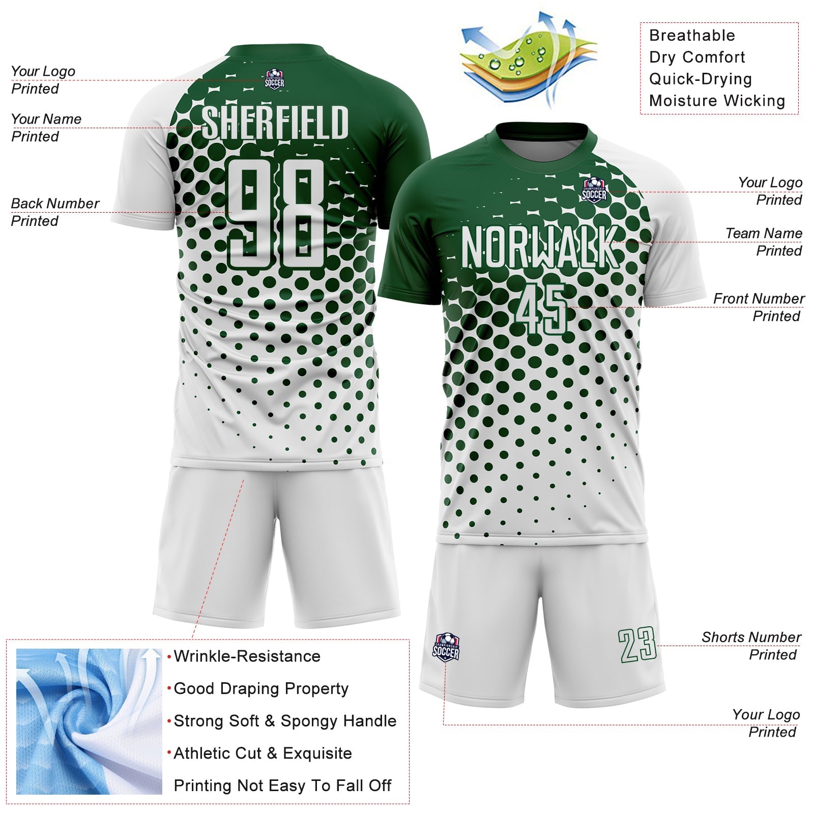 Custom White Green Modern Polka Dot Sublimation Soccer Uniform Jersey - Sky-Custom