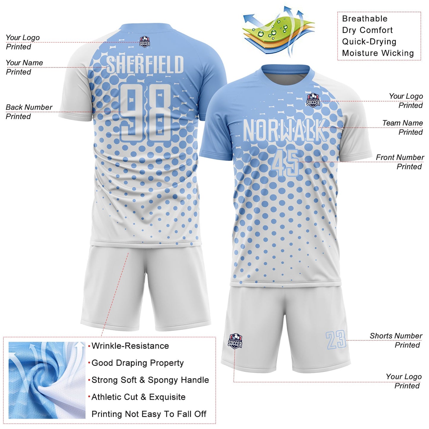 Custom White Light Blue Modern Polka Dot Sublimation Soccer Uniform Jersey - Sky-Custom