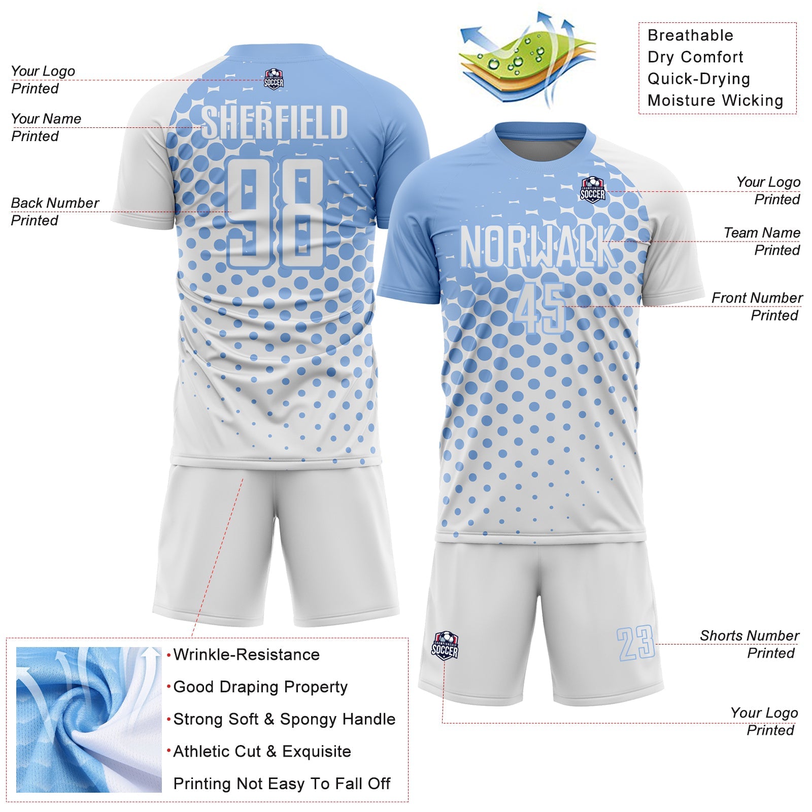 Custom White Light Blue Modern Polka Dot Sublimation Soccer Uniform Jersey - Sky-Custom