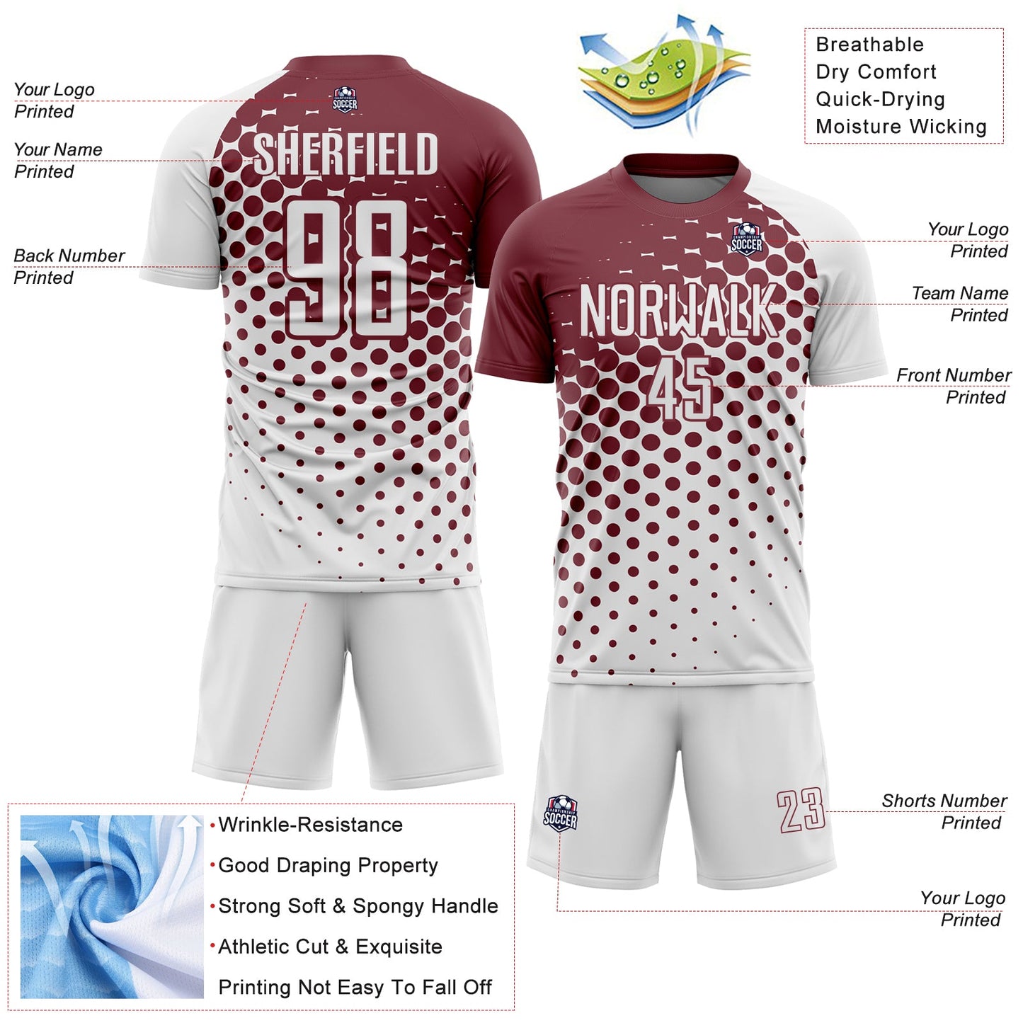 Custom White Burgundy Modern Polka Dot Sublimation Soccer Uniform Jersey - Sky-Custom