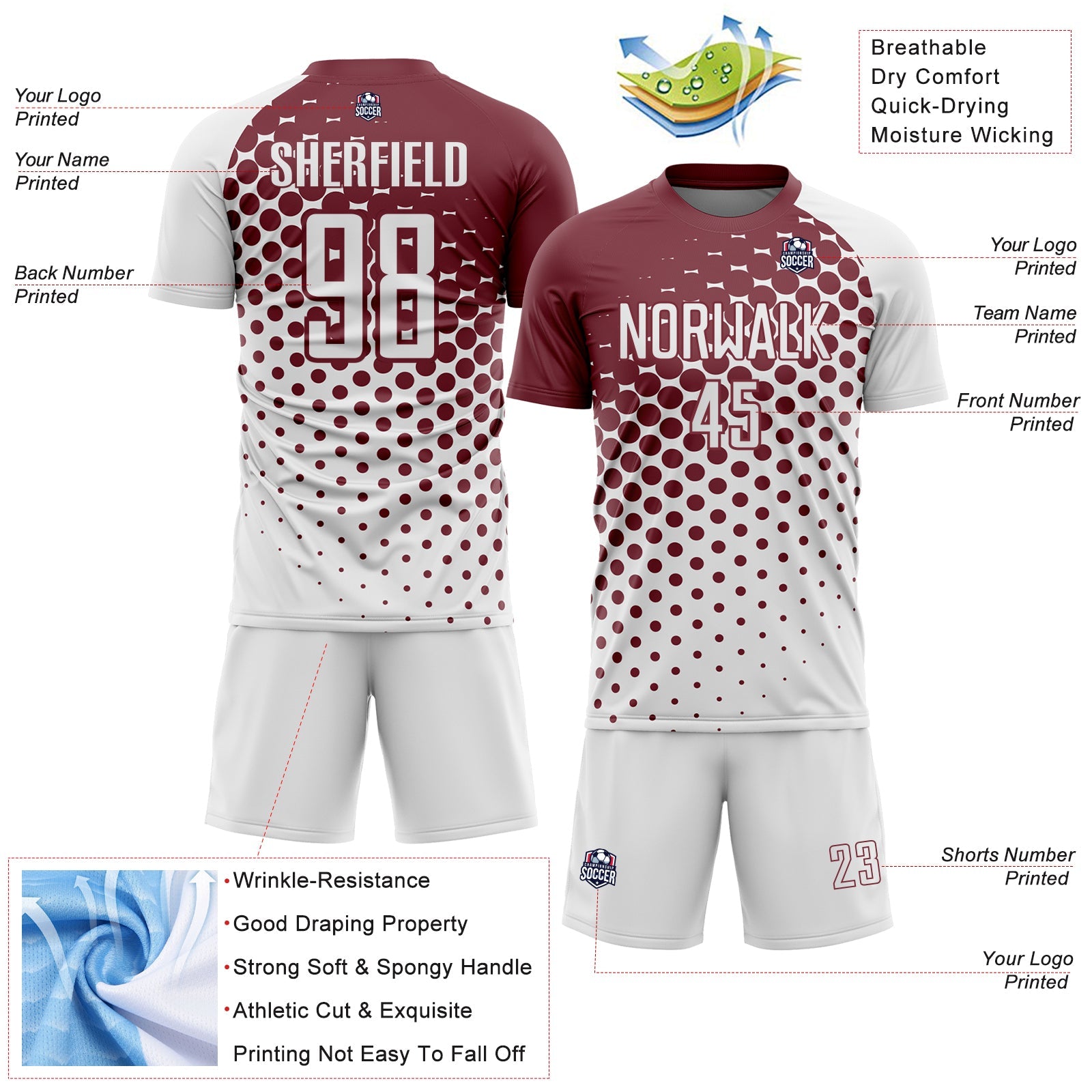 Custom White Burgundy Modern Polka Dot Sublimation Soccer Uniform Jersey - Sky-Custom