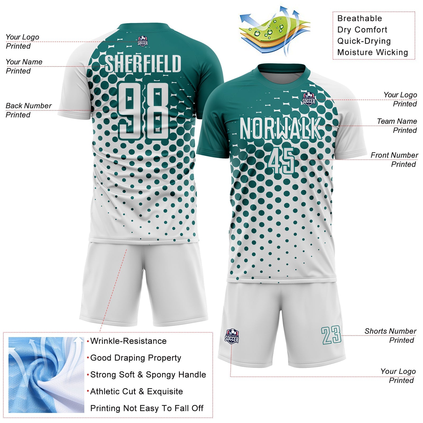 Custom White Teal Modern Polka Dot Sublimation Soccer Uniform Jersey - Sky-Custom