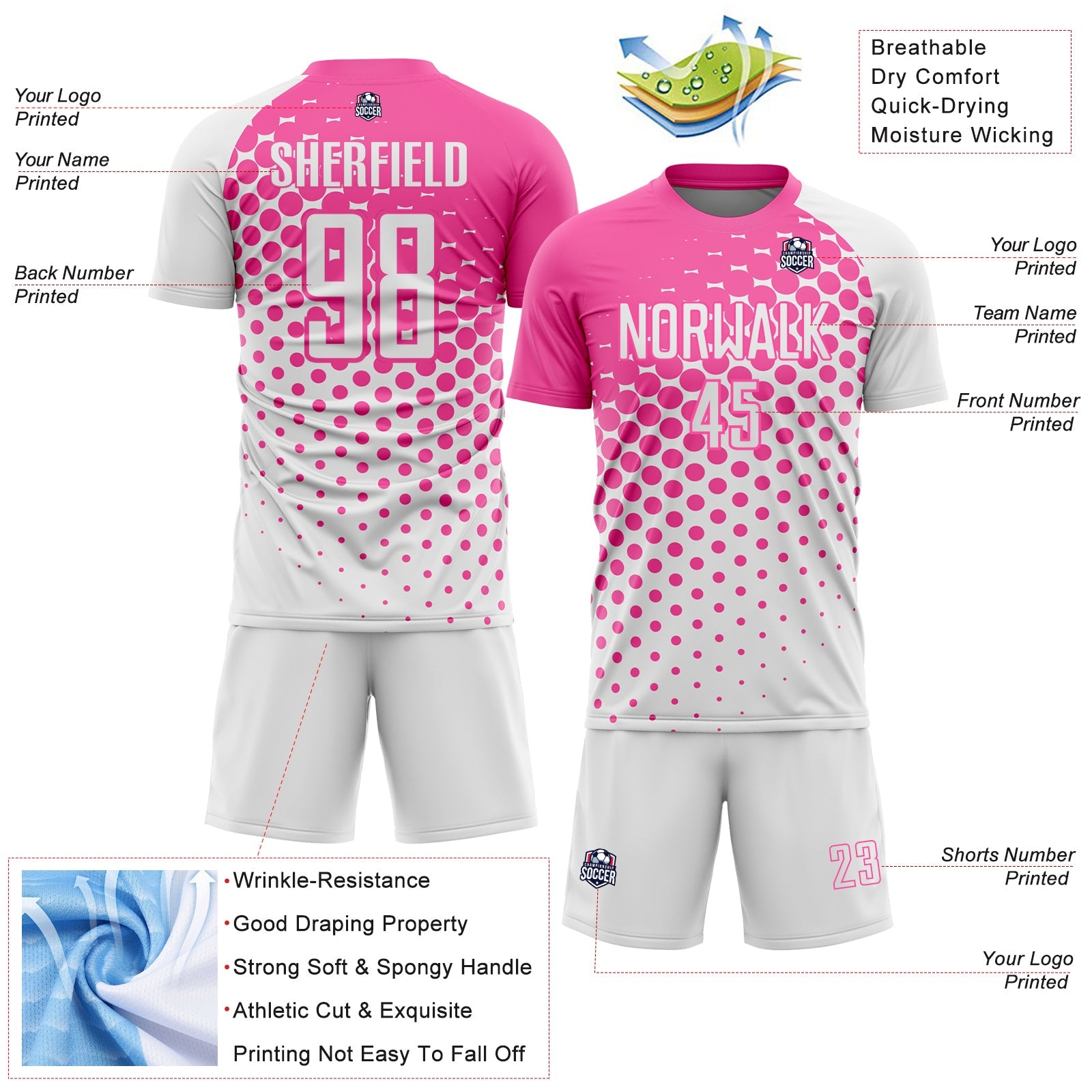 Custom White Pink Modern Polka Dot Sublimation Soccer Uniform Jersey - Sky-Custom
